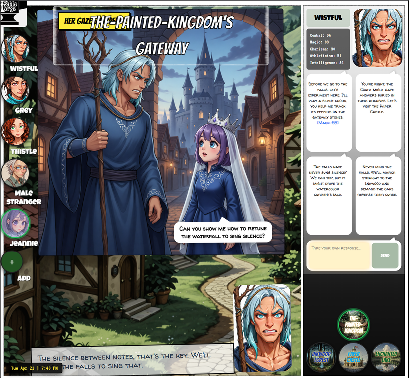 The Painted Kingdom play screen: a mage and a princess at the castle gateway